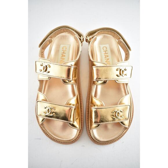 Chanel 22C Golden Gold Laminated CC Logo Mule Slide Strap Flat Dad Sandal 36 - Picture 8 of 12